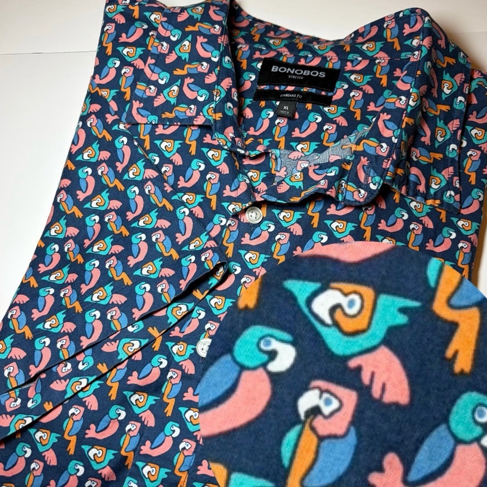 Bonobos Men’s XL Shirt Button Up Parrot Bird Short Sleeve Travel Vacation Golf